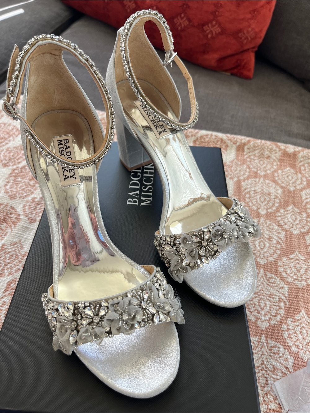 Badgley Mischka Finesse Silver Crystal Floral Block Heel Sandals